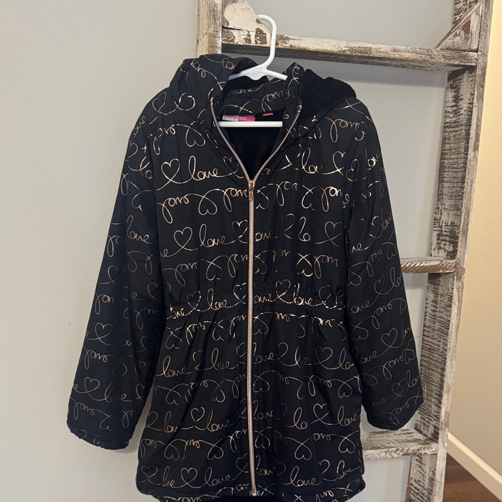 Penelope Mack Black and Gold Love Print Puffer Jacket